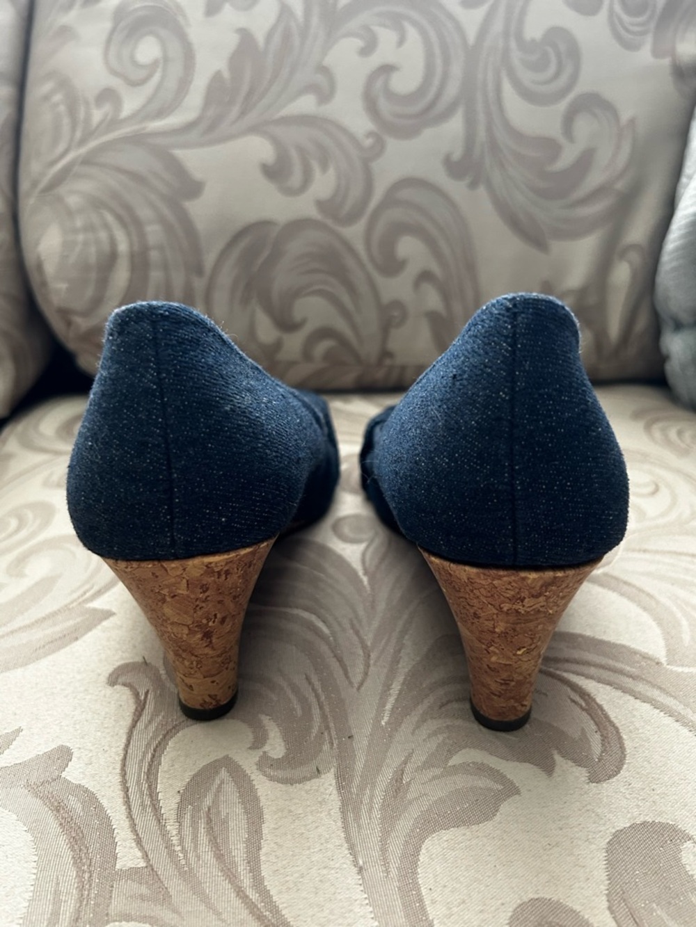 American Eagle Women’s 9.5 Navy Denim Peep-Toe Knot Cork Wedge Heels Shoes - Picture 3 of 10